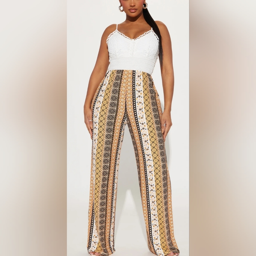 Derek Heart White Crochet Top Multicolor Striped Wide-Leg Jumpsuit